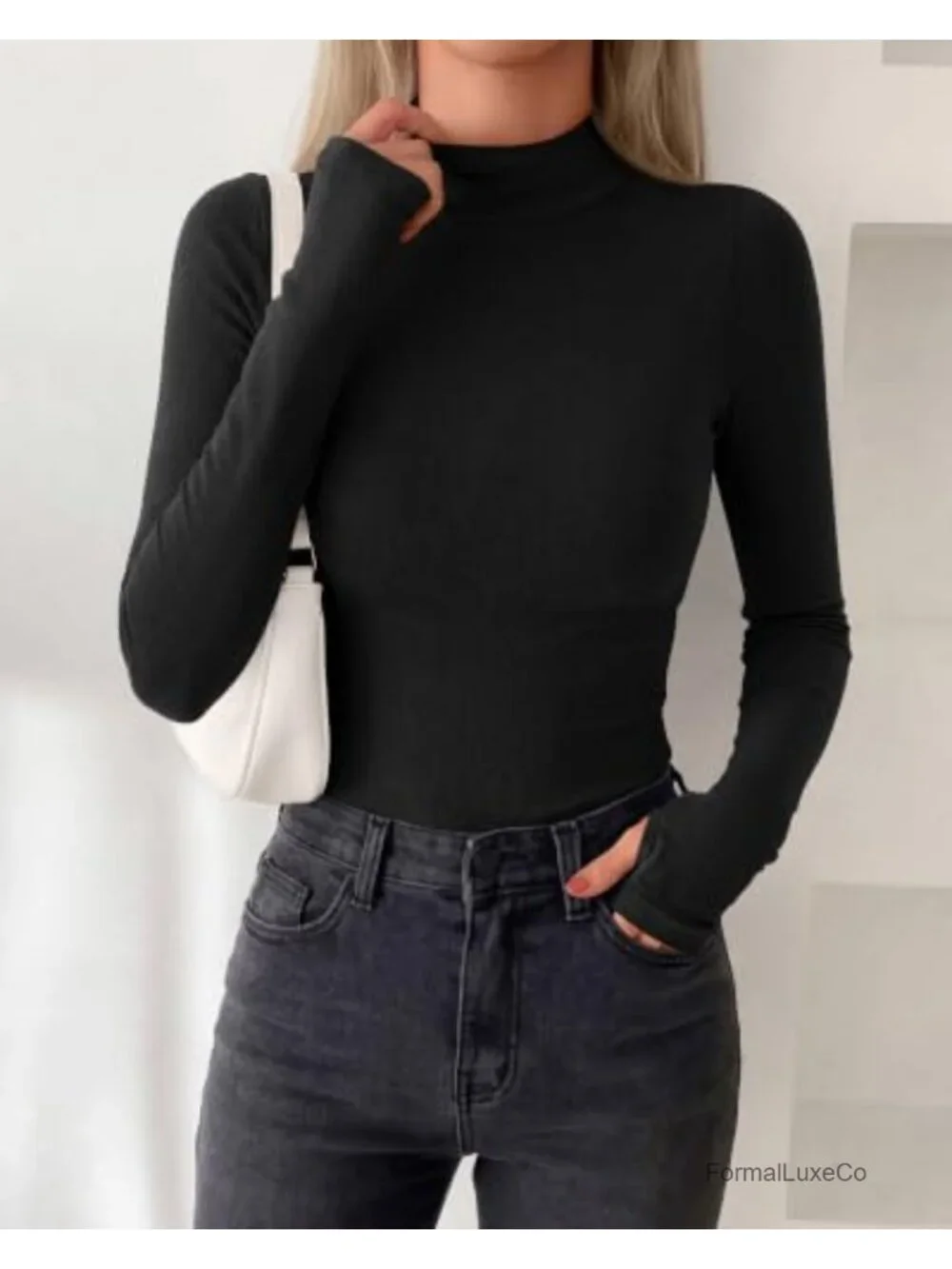 Turtleneck Thumbhole Long Sleeve Shirt - Lightweight Fleece Lining Slim Fit